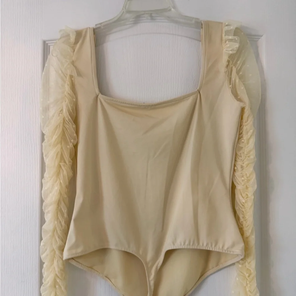 Free People Must Be Love Bodysuit Mesh Ruched Sleeve Square Neck in Ivory L